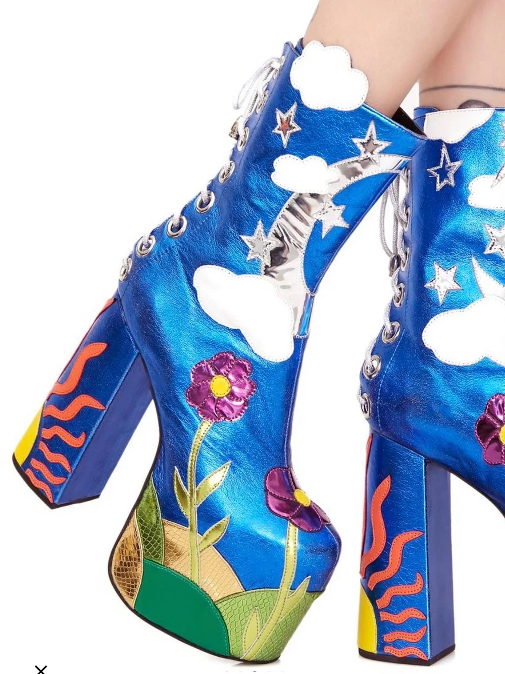 Dolls Kill Metallic Blue Flower & Cloud Platform Boots